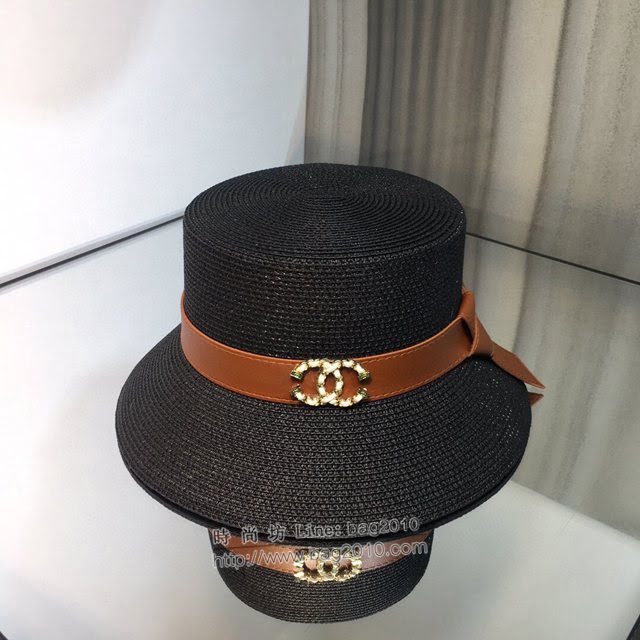 Chanel新品女士帽子 香奈兒小香拼接草帽遮陽帽  mm1512